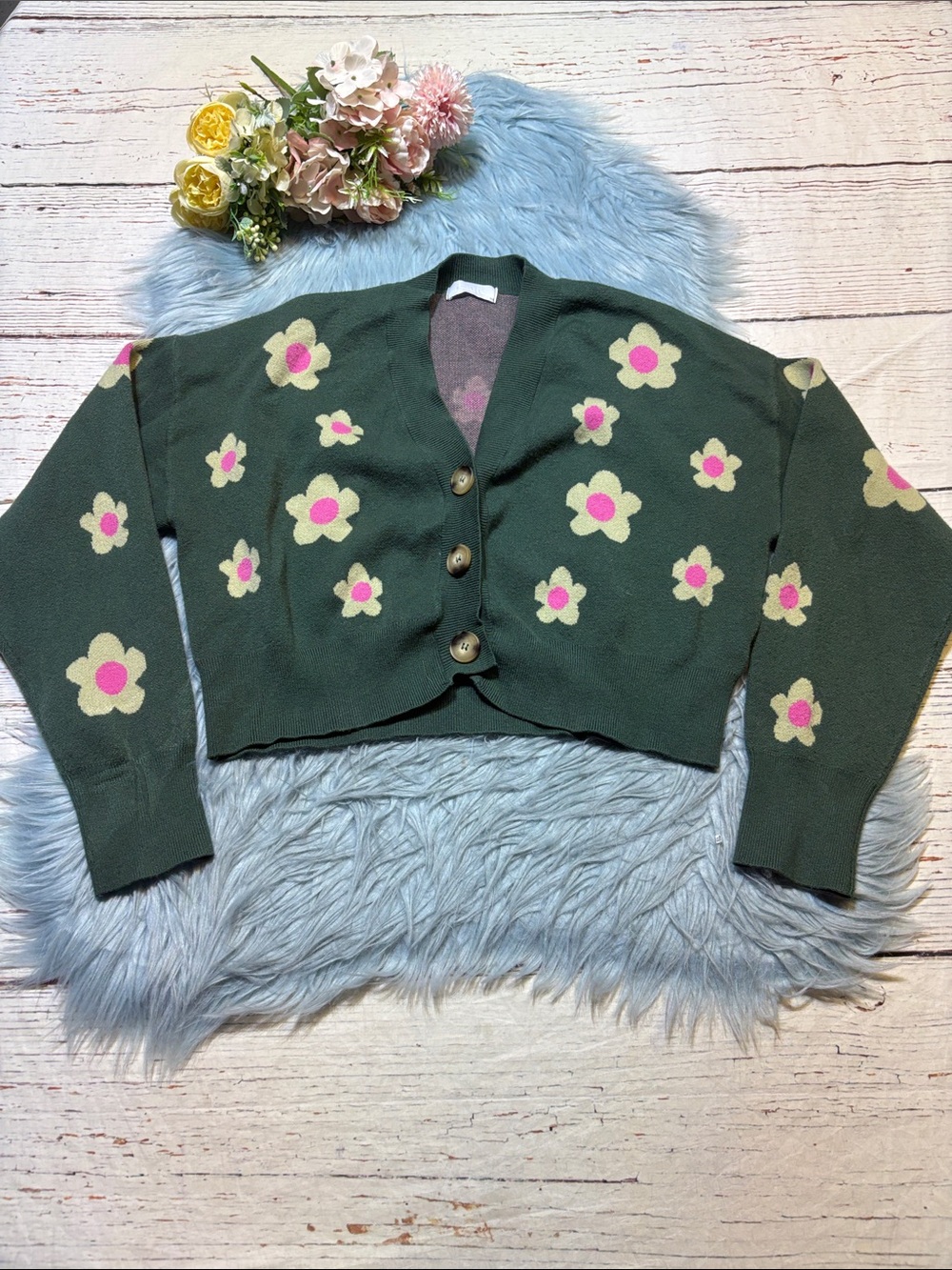 Isalis Daisy Knit Green Cropped Retro Cardigan Sweater sz M